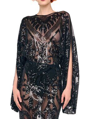 Norma Kamali Black Reverse Obie Sequin Bodysuit W Long Sleeve, XS